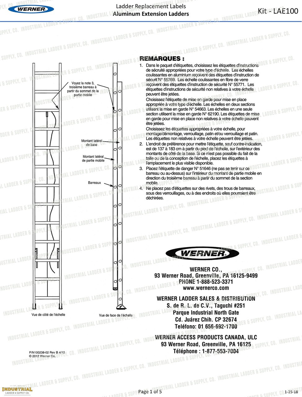 Werner Parts LAE100 Safety Labels – Aluminum Extension Ladders | ALUM EXT LDR LA