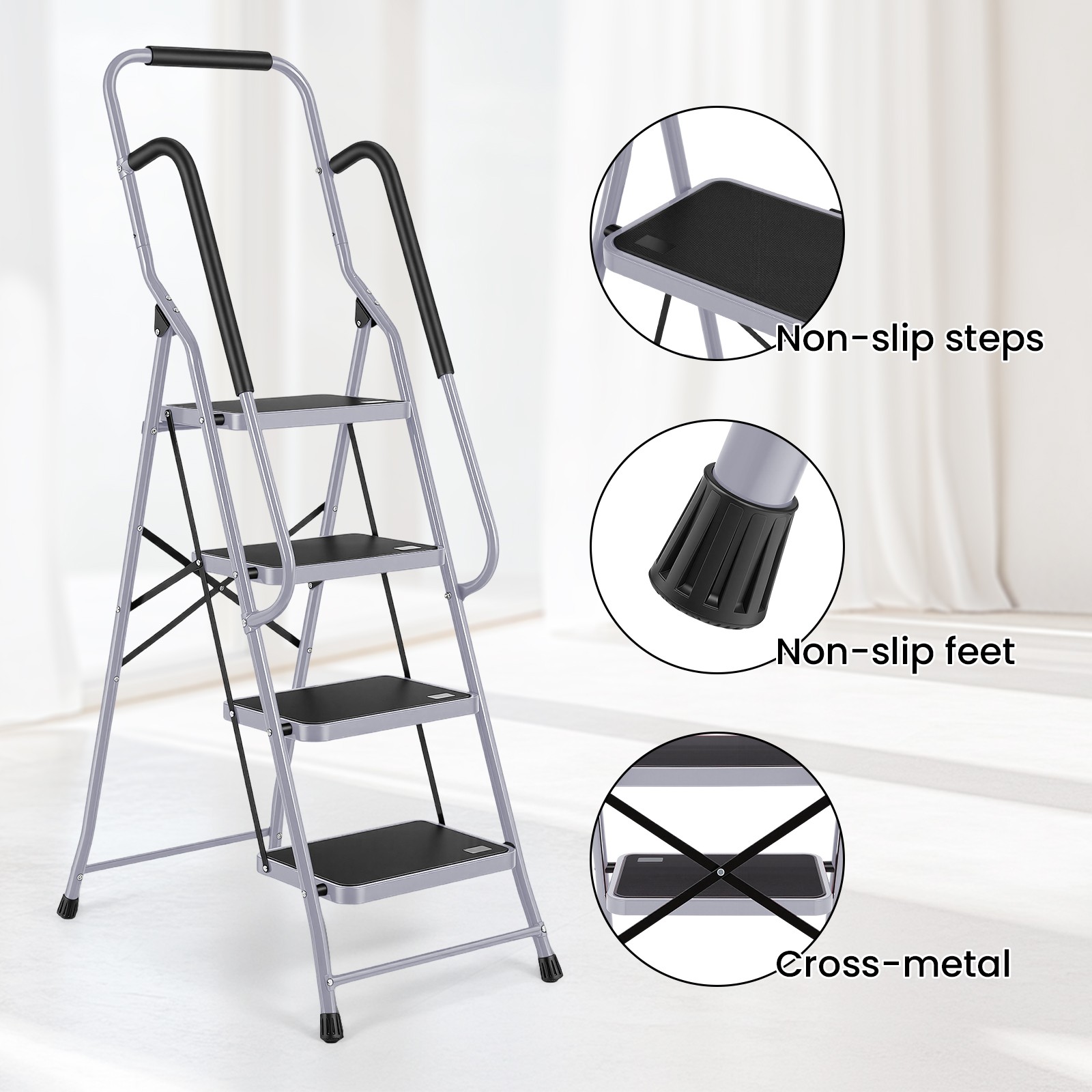 4 Step Ladder with Hankdrails, Portable Folding Step Stool with Safety Lock Gray