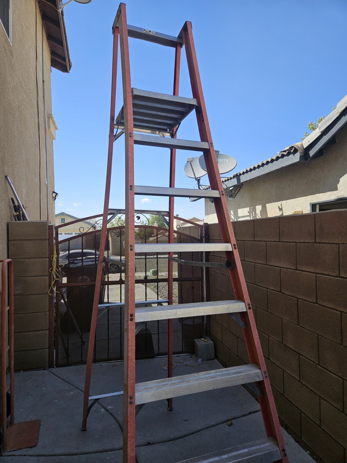 Industrial Fiberglass A-Frame Step Ladder, Red, Wide Aluminum Steps/Platform