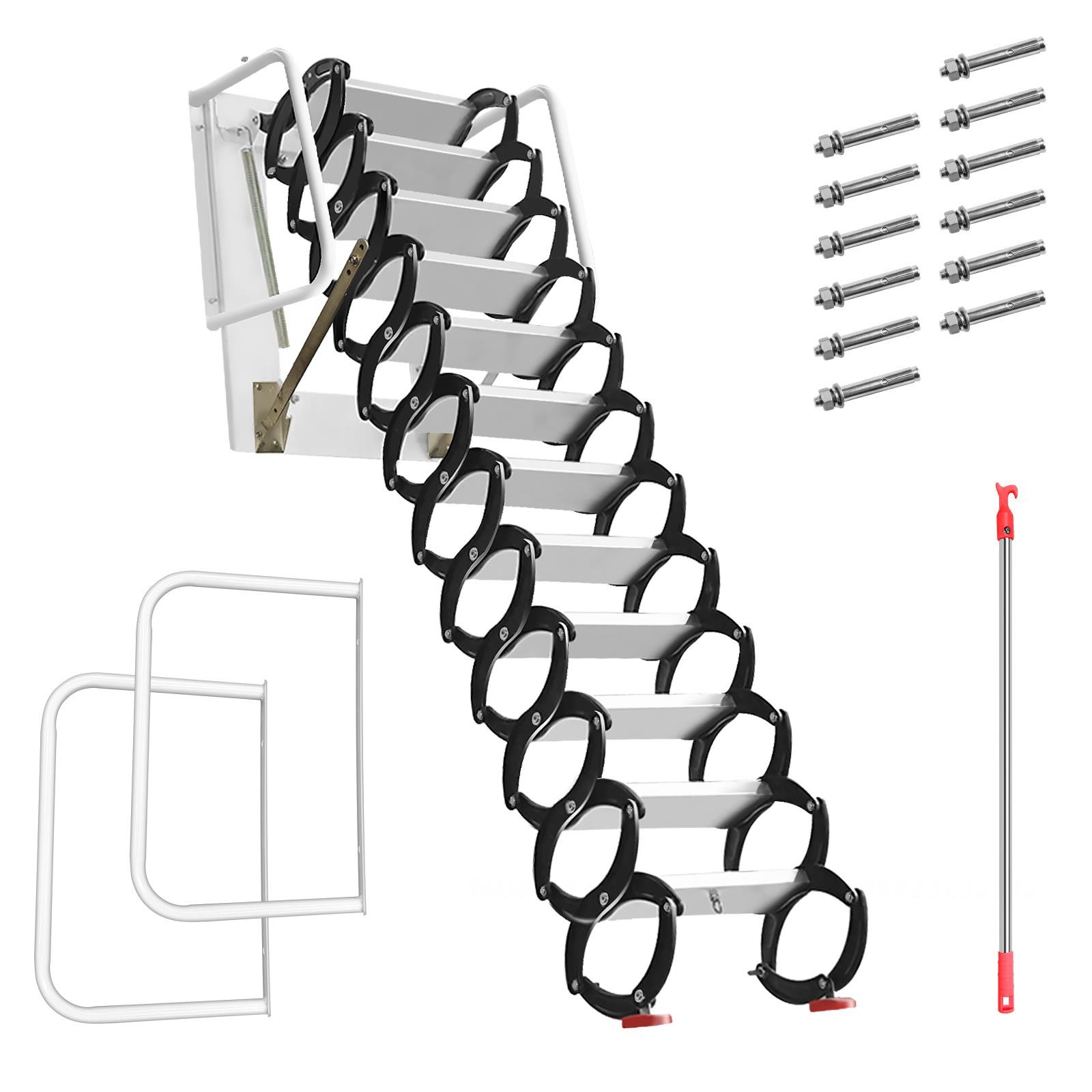 12 Steps Wall Mounted Folding Stairs w/Handrail,Pull Down Attic Ladder for Roofs