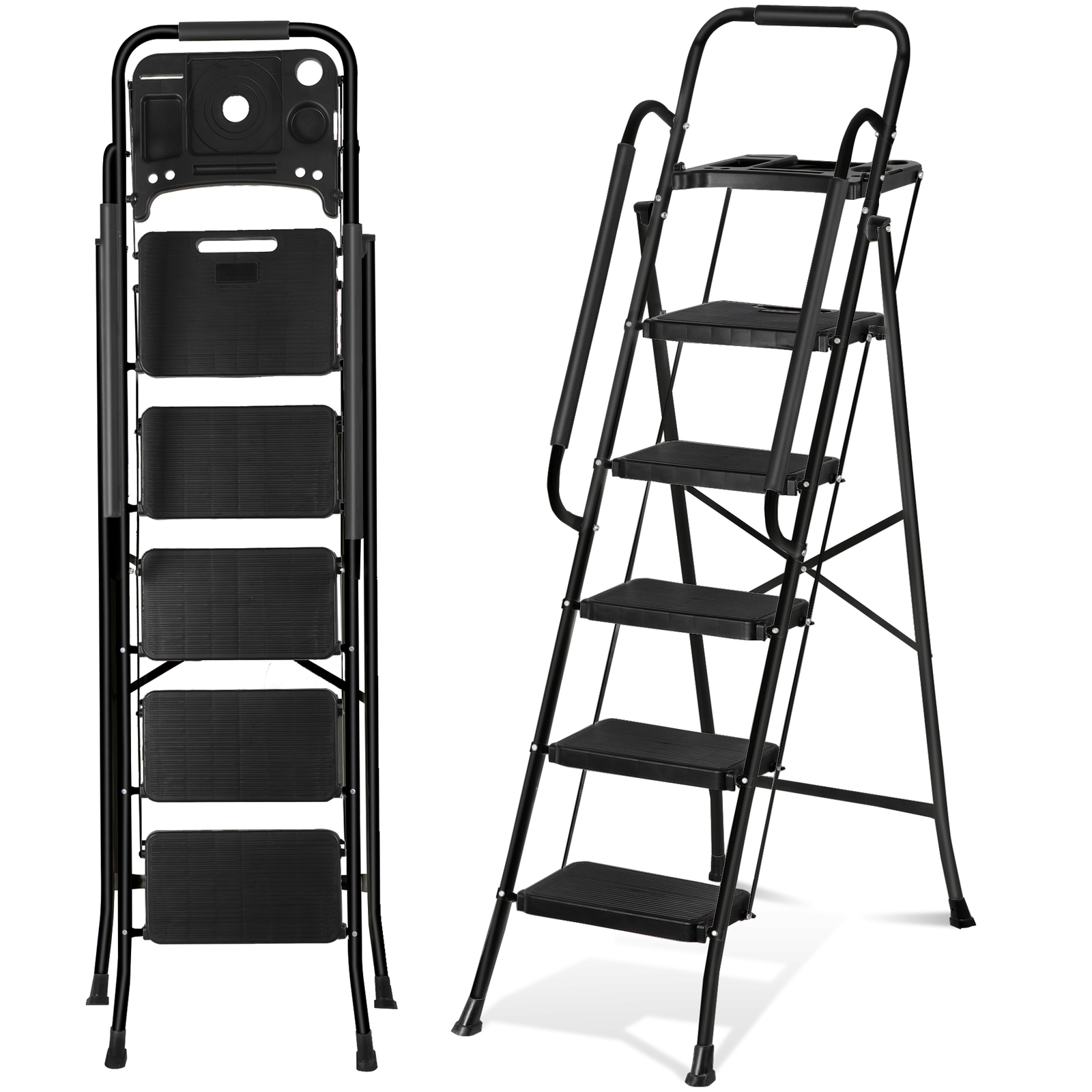 5-Step Ladder Portable Folding Anti-Slip Steel Ladder w/Handrail Tool Tray Black
