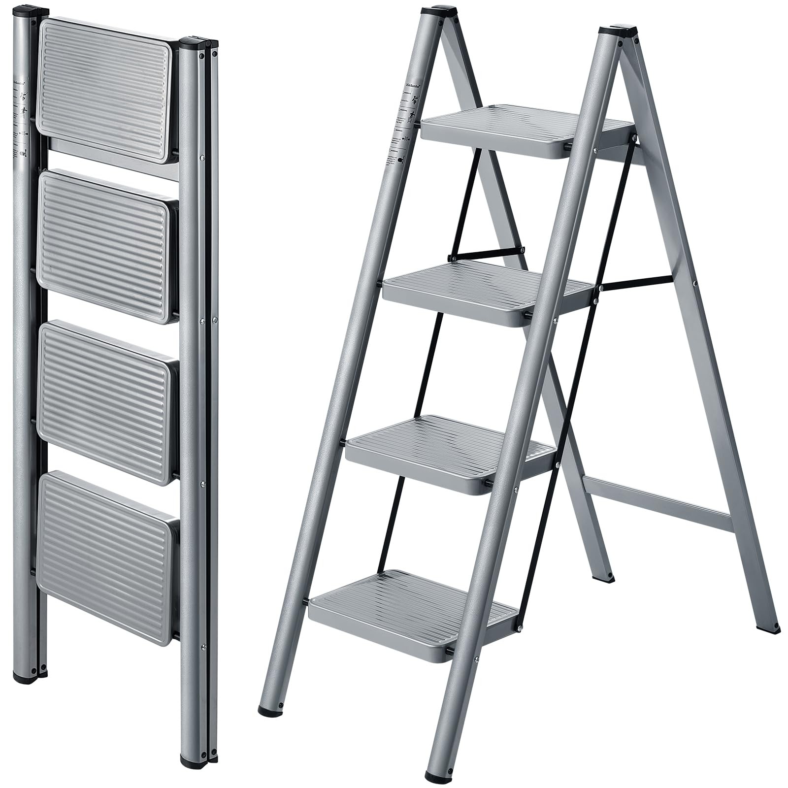 XinSunho 4 Step Ladder, Folding Stool with Anti-Slip Wide 4-Step, Gray