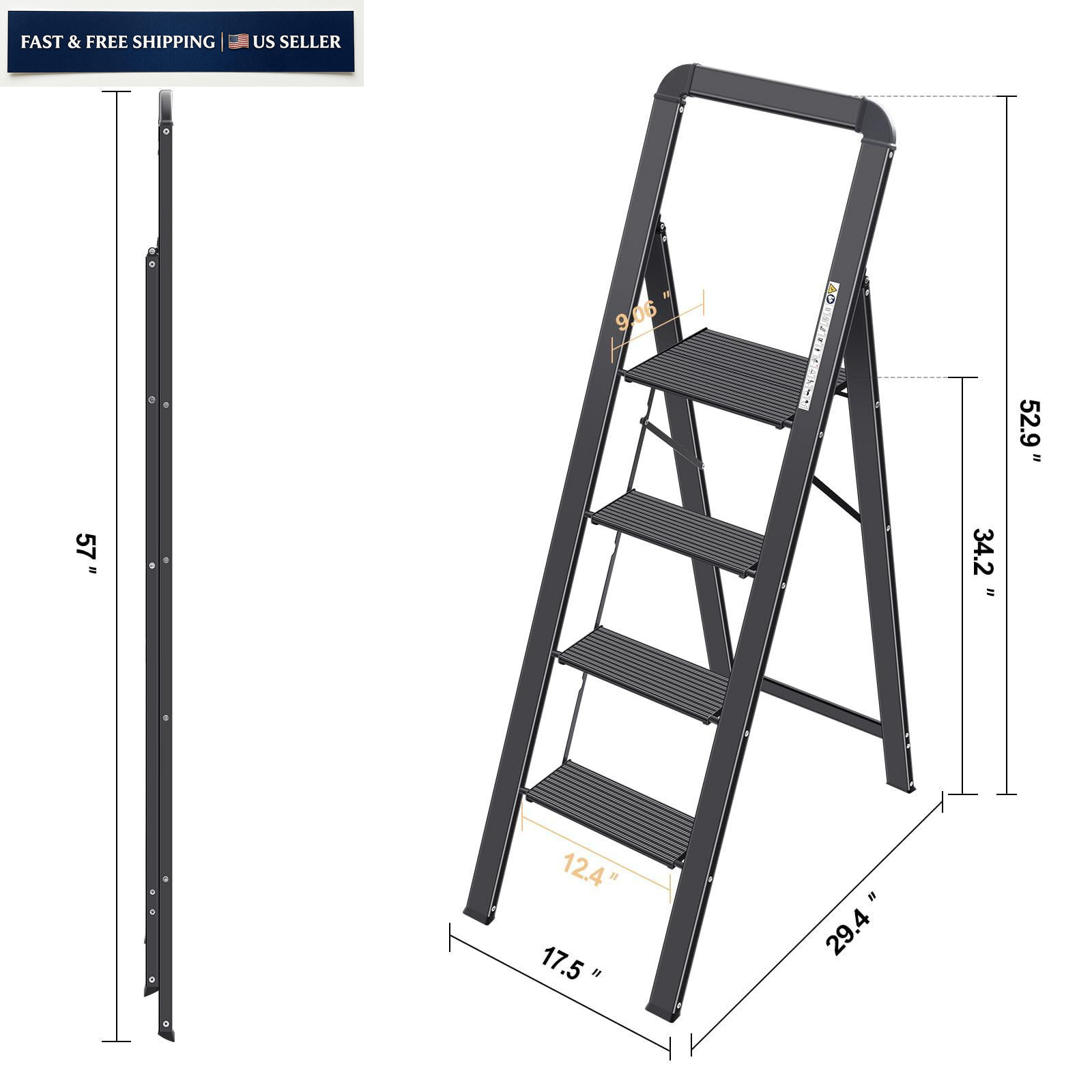 KINGRACK Aluminium 4 Step Ladder, Lightweight 4-step with Handrail, Black
