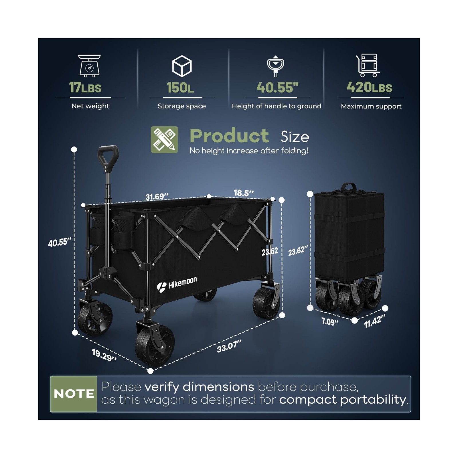 Hikemoon 150L Collapsible Wagons Carts Foldable, 420LBS Heavy Duty Folding Be…
