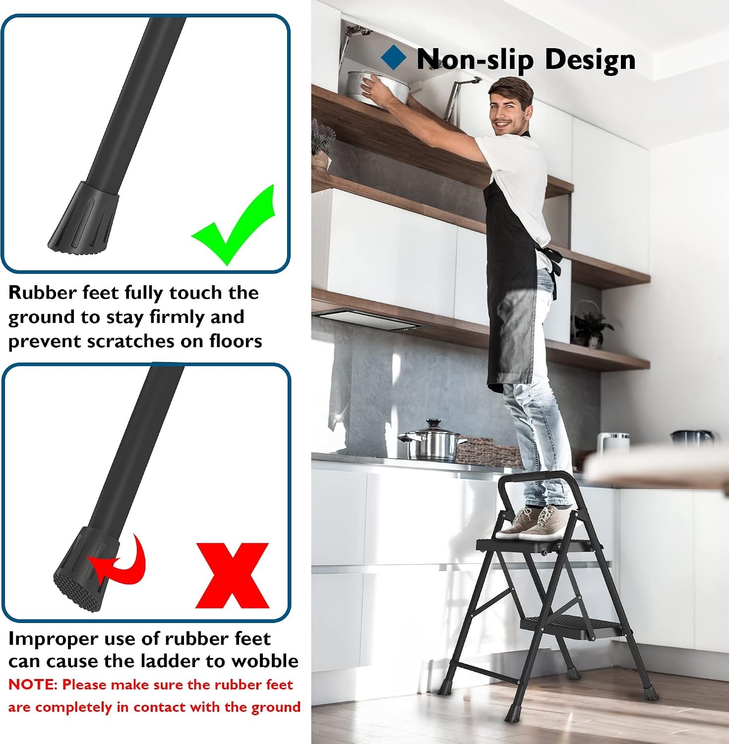 2-Step Ladder, Folding Step Stool, 600lbs Max Load Capacity, Sturdy Steel
