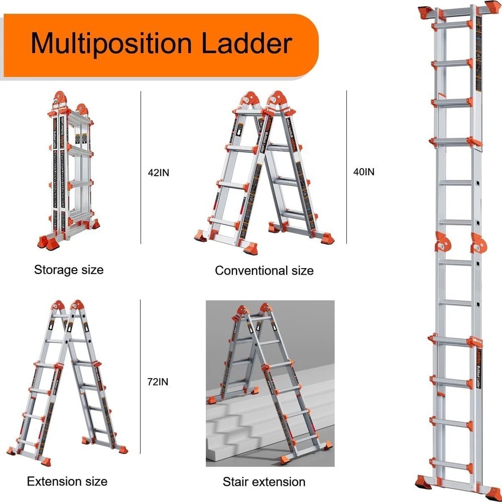 Ladder, A Frame 4 Step Ladder Extension, 14 FT Anti-Slip Multi Position &