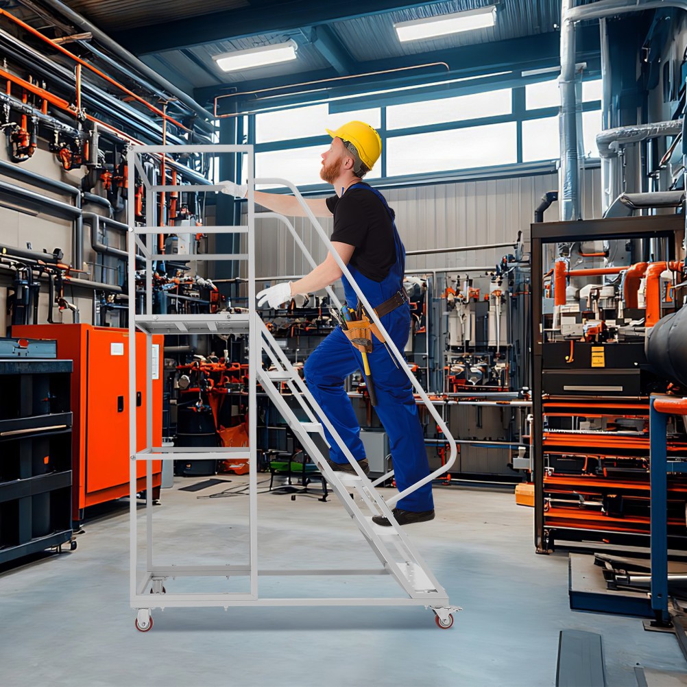 6-Step Rolling Platform Step Ladder Safety Non-Slip Stairs with Brakeable Wheels