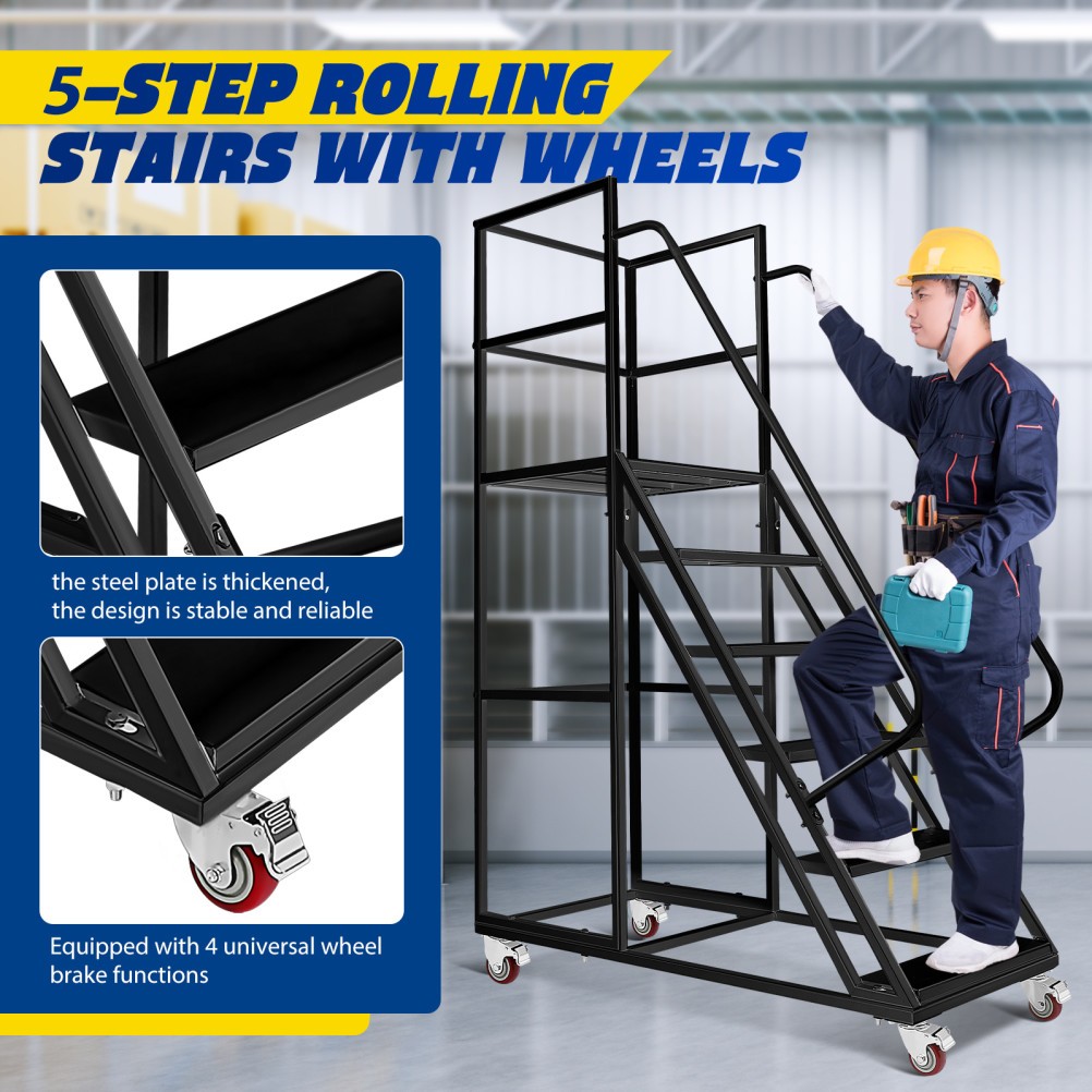 6 Step 550kg Steel Rolling Platform Step Ladder w/ Safety Guardrail Fence Black