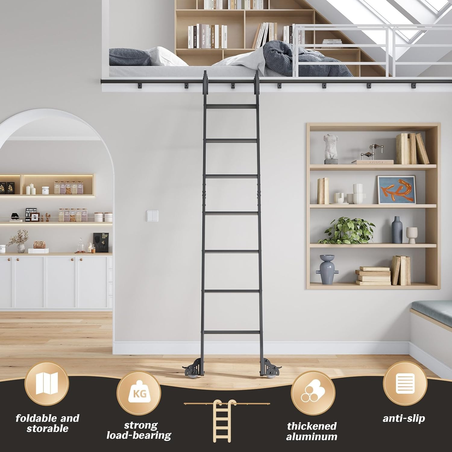 Aluminum 96″ Rolling Library Step Ladder & 8FT Sliding Track Kit