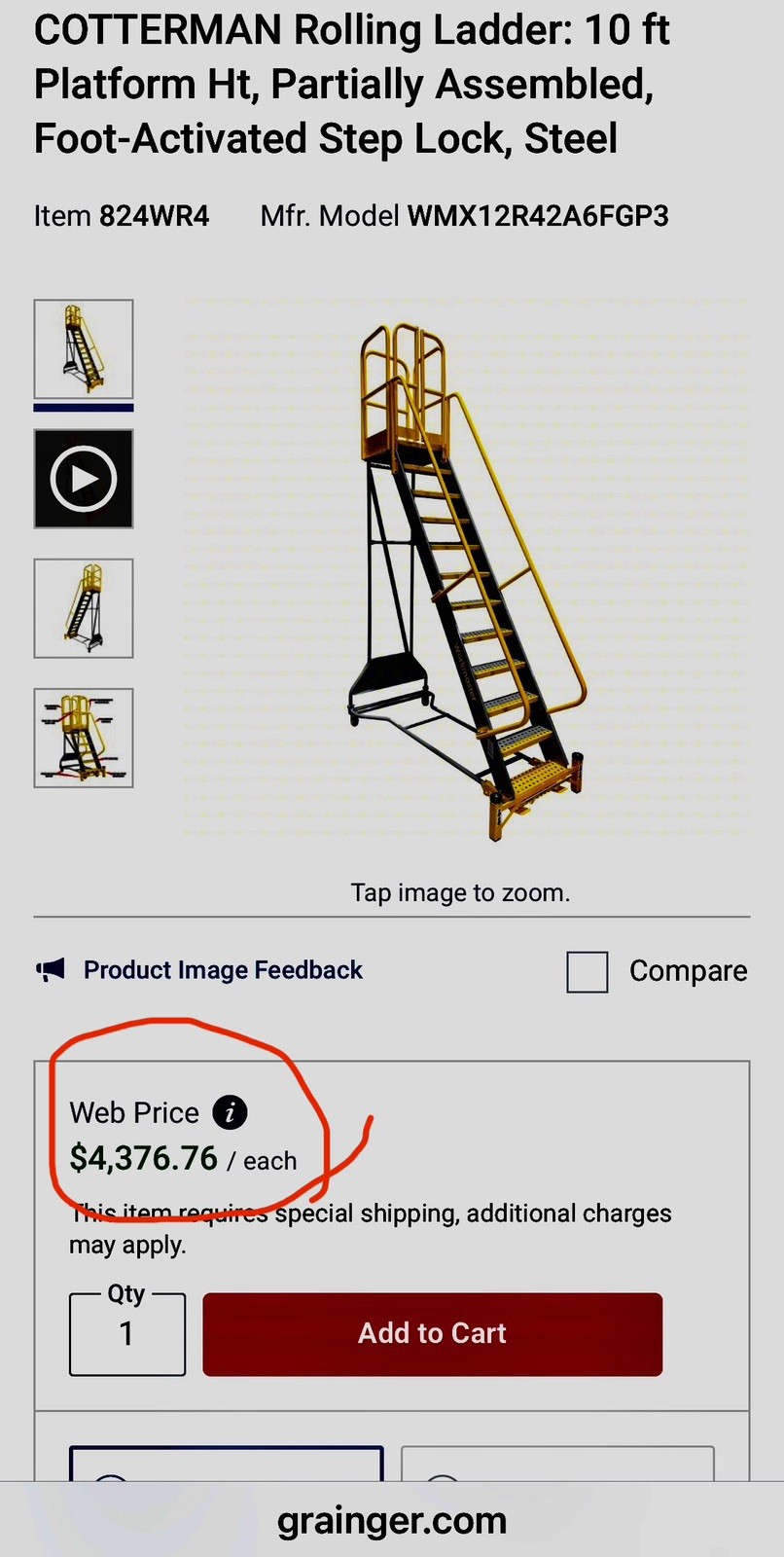 COTTERMAN Rolling Ladder: 10 ft Platform Ht, Foot-Activated Step Lock, Steel