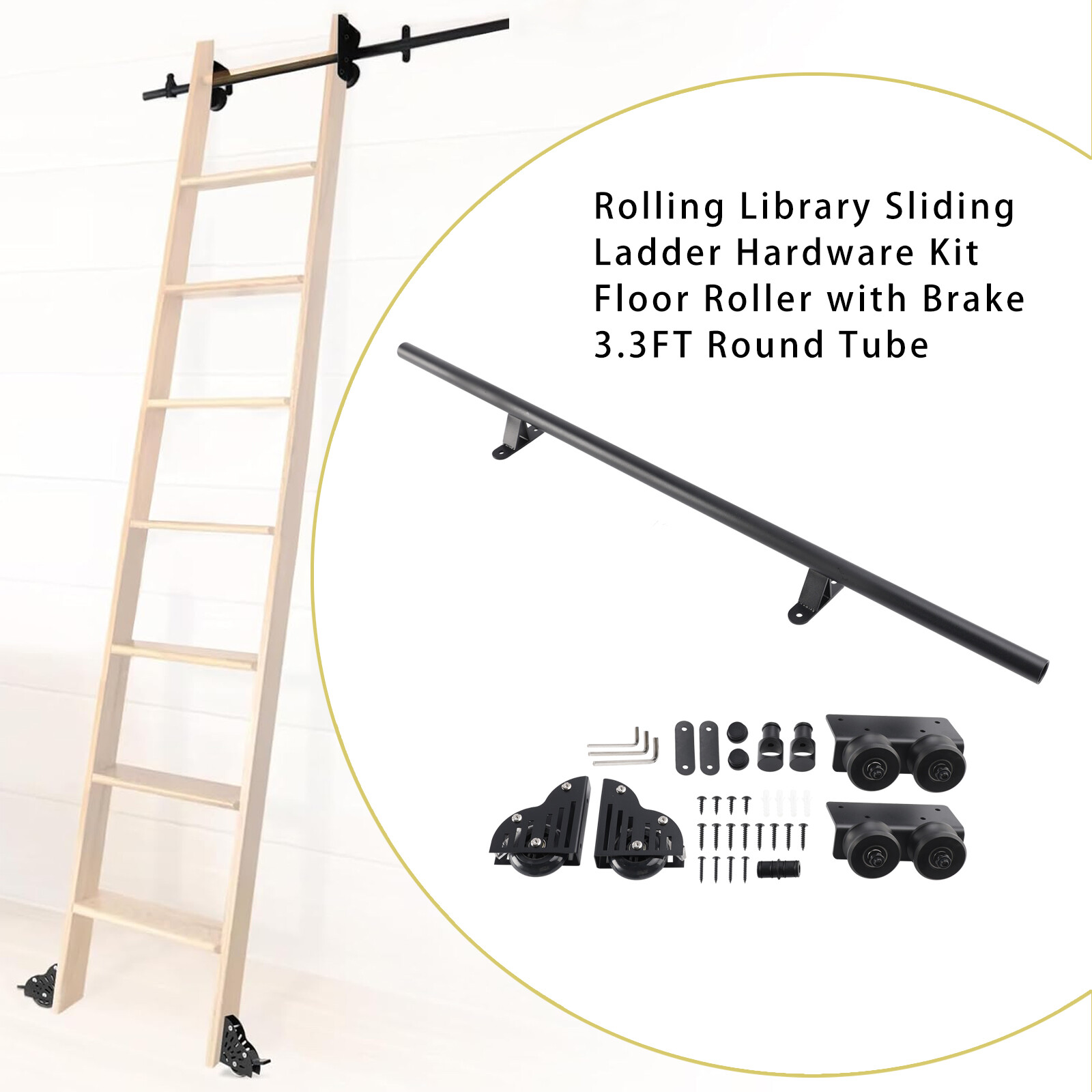 Rolling Library Sliding Ladder Hardware Kit with Brake 3.3FT Round Tube US