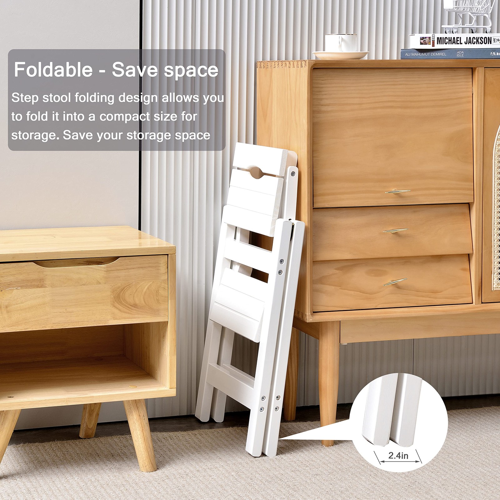 2 Step Folding Stool, Wooden Collapsible Closet 2STEP, 2 Tier-natural