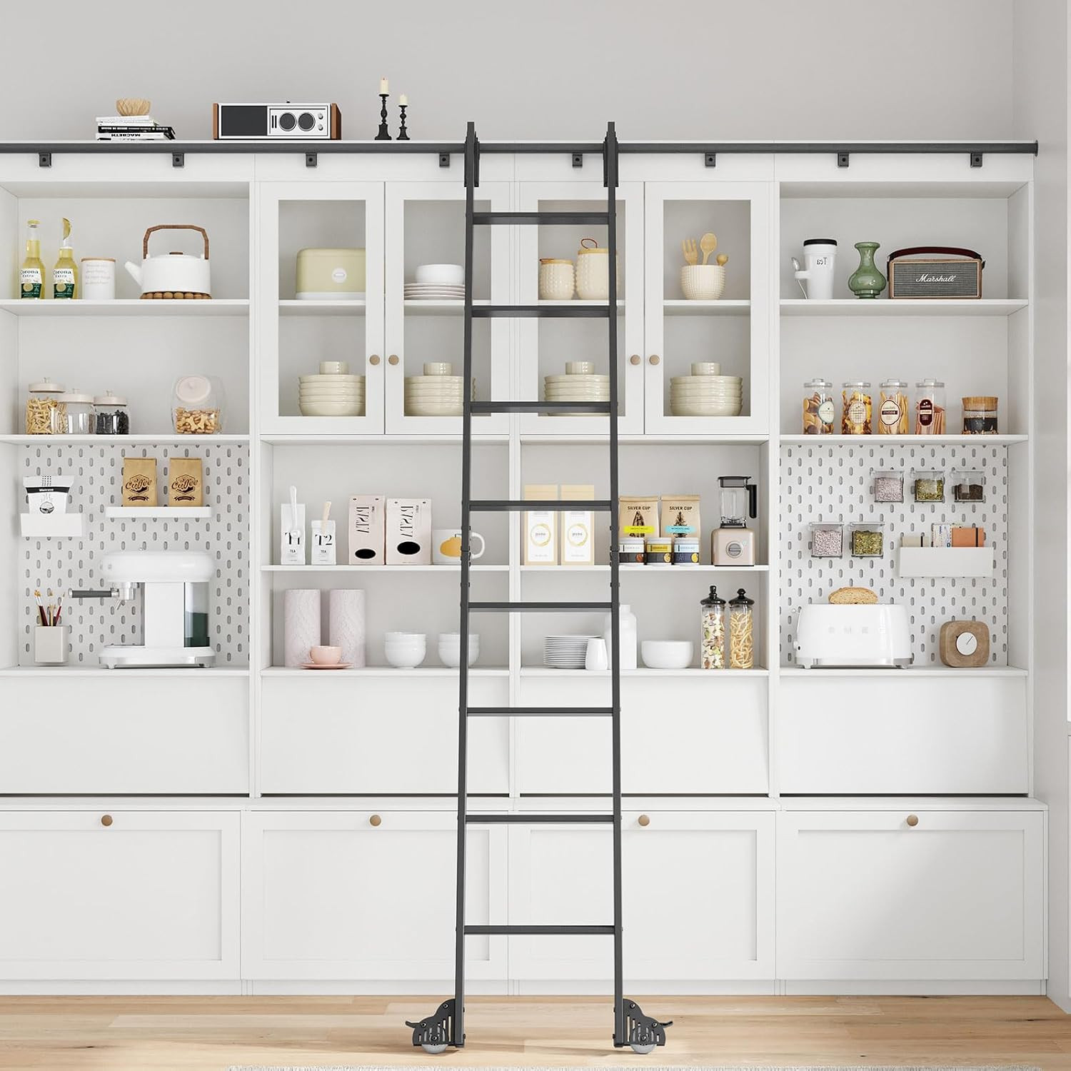 9FT Aluminum Step Ladder with 12FT Sliding Track Kit for Libraries