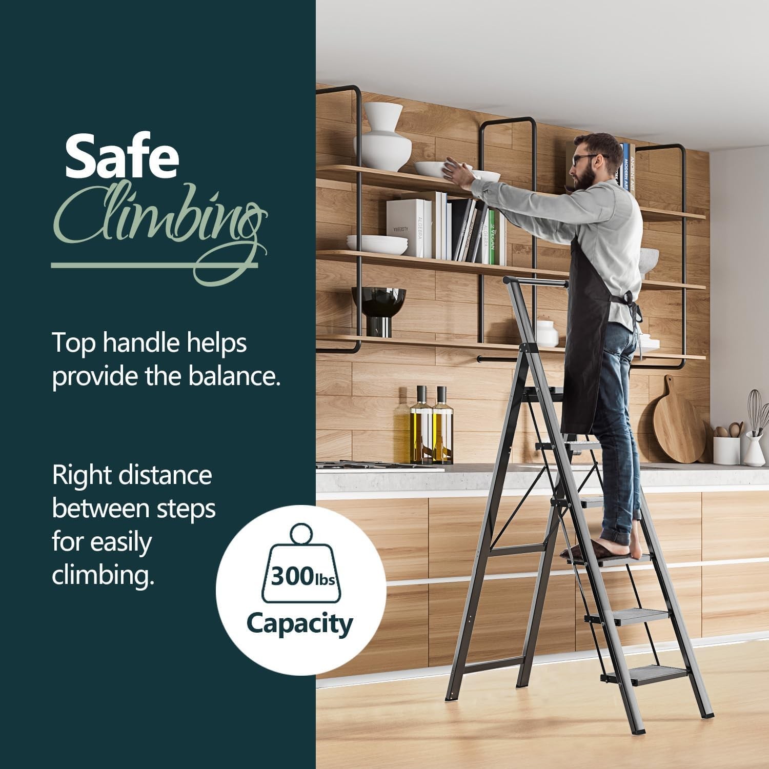 WOA 6 Step Ladder for 12 Feet High Ceiling, Lightweight 6 step, Black