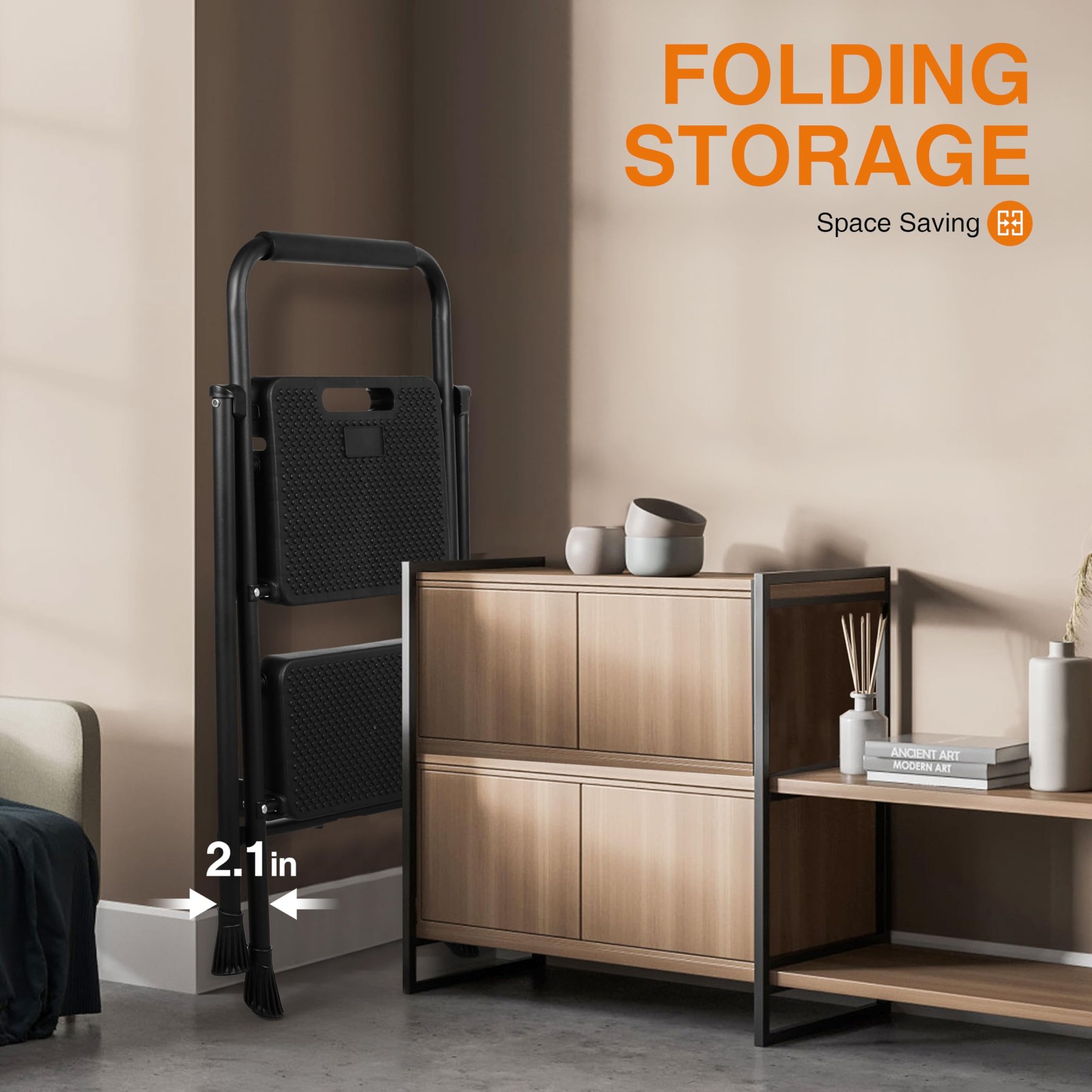 Step Ladder, Folding Stool with Wide Anti-Slip Pedals, 2-step, Black