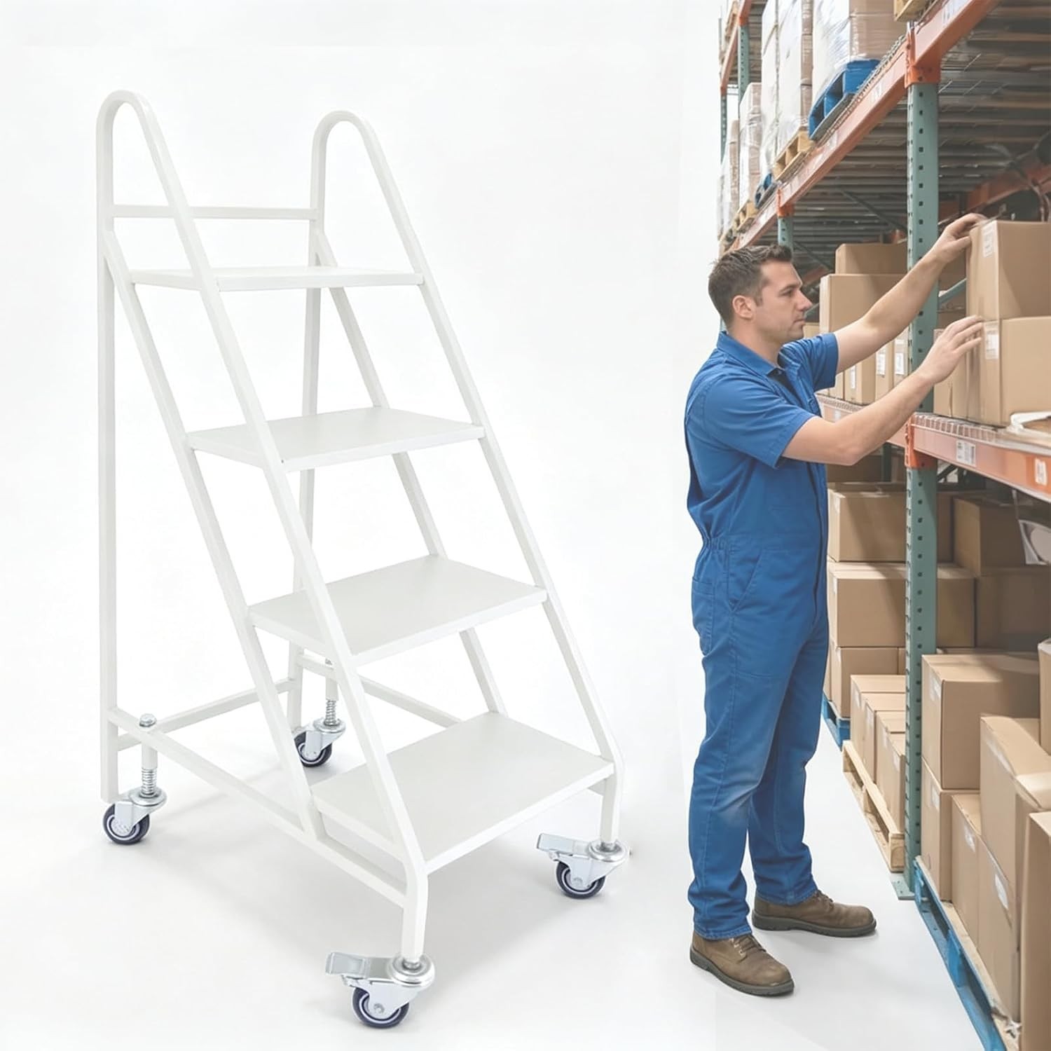 4 Step Rolling Ladder with Locking Wheel & Handrail Commercial Stair Ladder 50″H