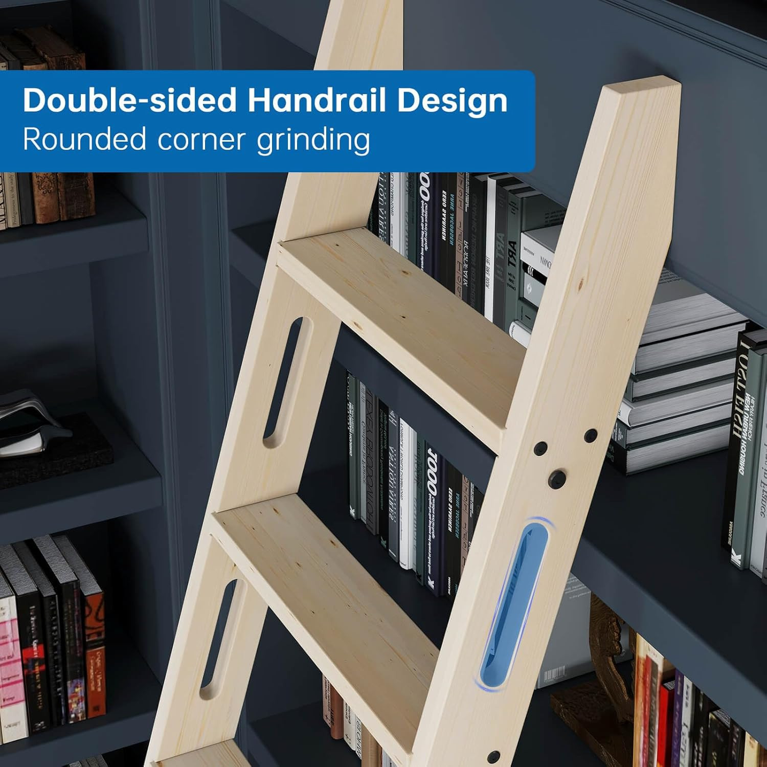 8FT Rolling Library Ladder 7 Step Solid Wood 450lbs Handrail No Sliding Rail