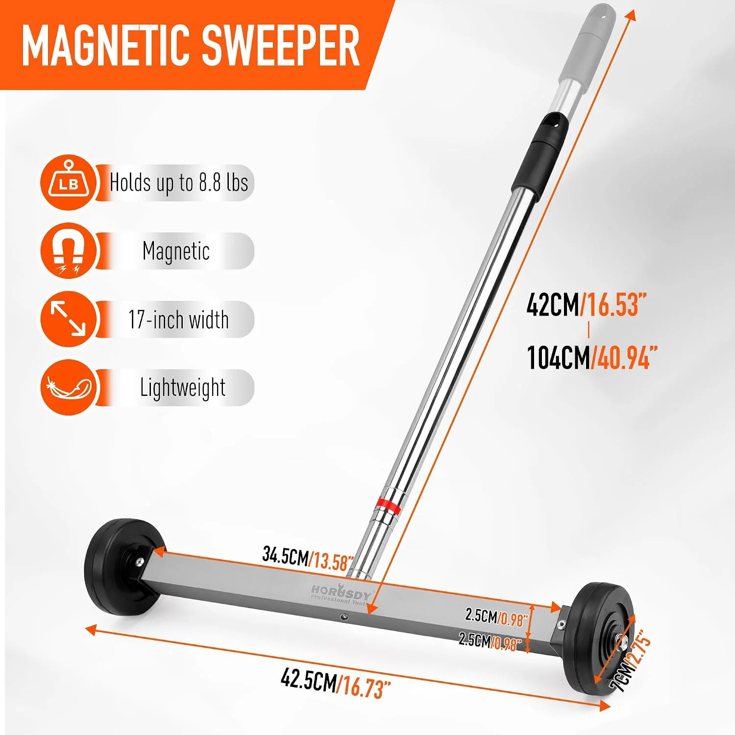 17-Inch Rolling Magnetic Sweeper with Wheels | Adjustable Handle | 8.8-Pound Cap