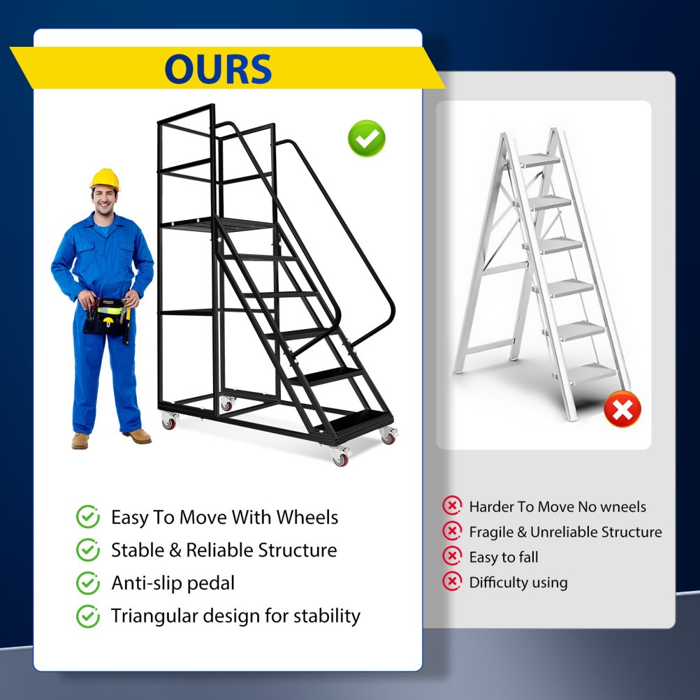 6 Step 1213lbs Steel Rolling Platform Step Ladder Safety Non-Slip Stair & Wheels
