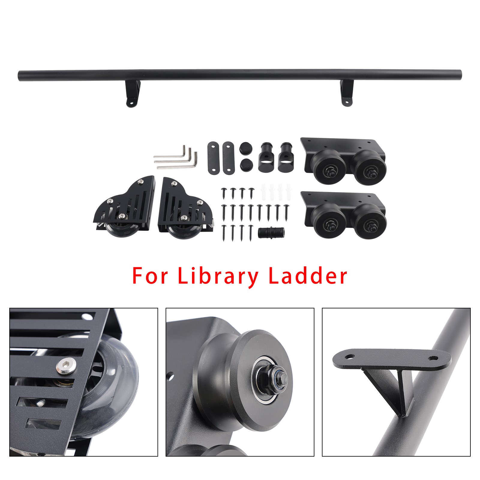 Rolling Library Sliding Ladder Hardware Kit with Brake 3.3FT Round Tube.