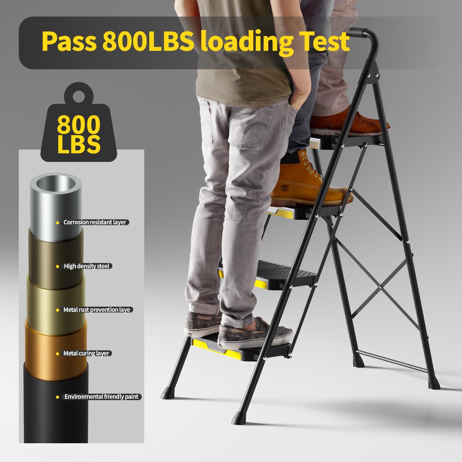 KINGRACK 4 Step Ladder, Sturdy Steel Stool 4 Black&yellow