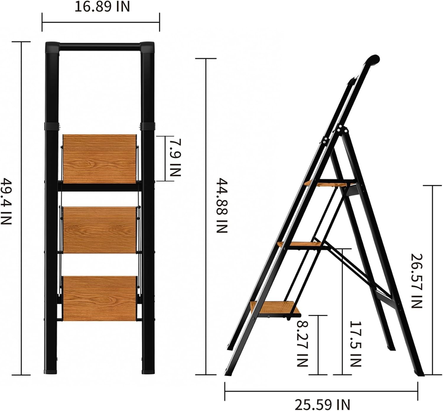3 Step Ladder,Folding Stool with Aluminum 3 Step, Black&woodgrain