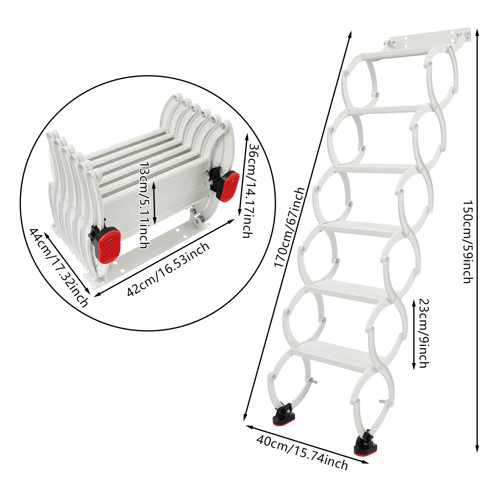 Wall Mounted Folding Ladder,White Step Ladders,6-Steps Retractable Folding Stair