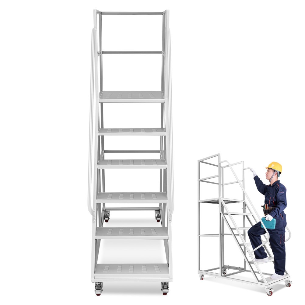 6-Step Rolling Ladder &Dual Handrails 1213LBS Industrial Warehouse Rolling Stair