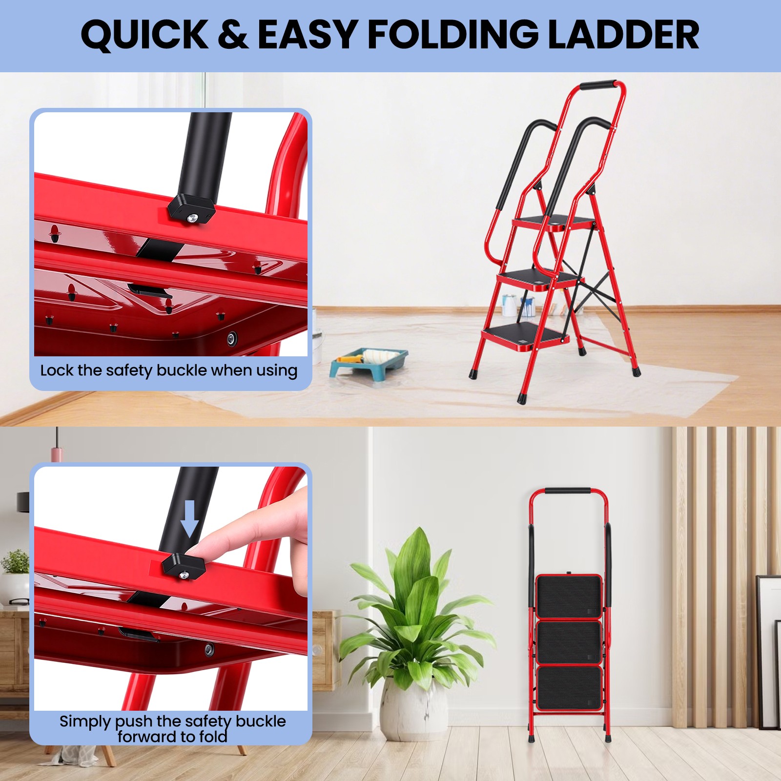 3 Step Ladder with Handrails, Portable Folding Step Stool with Safety Lock，Red