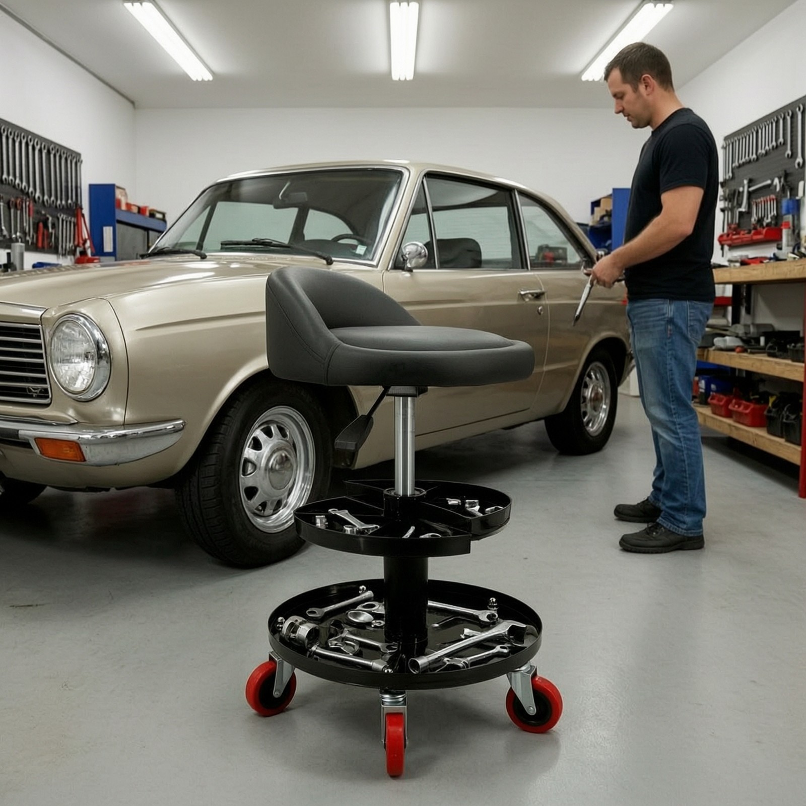 Garage Stool with Backrest Height-Adjustable Rolling Shop Stool with Tool Tray