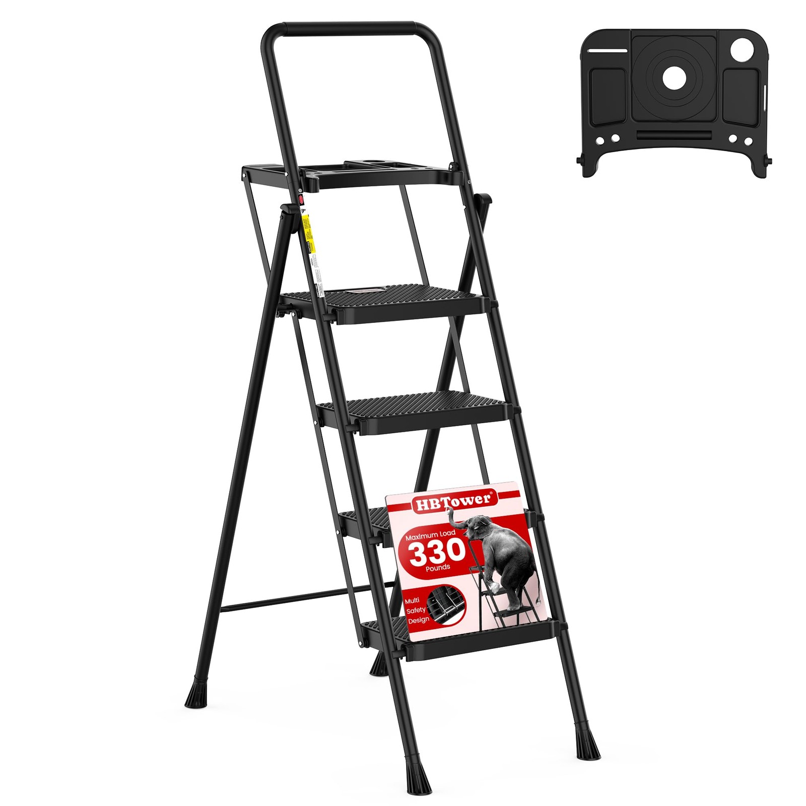 HBTower Step Ladder, Folding Stool with Wide 4 Black