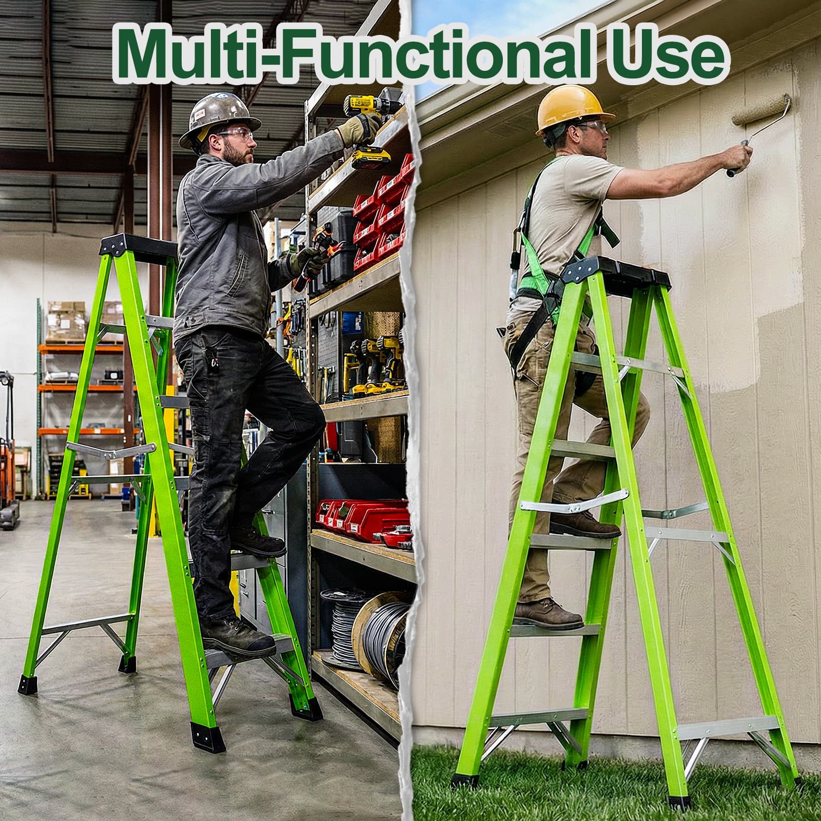Green 7 Steps Fiberglass Ladder 330LBS Load Tool Tray for Home & Job
