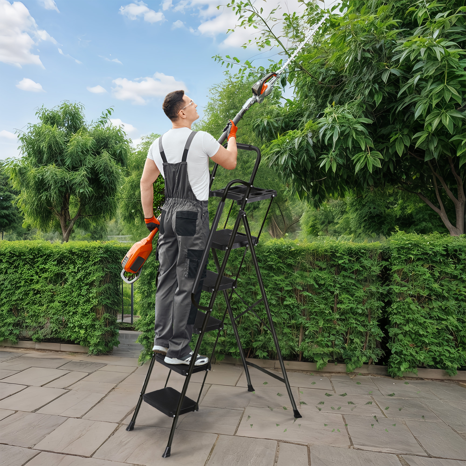 5-Step Ladder Portable Folding Anti-Slip Steel Ladder w/Handrail Tool Tray Black