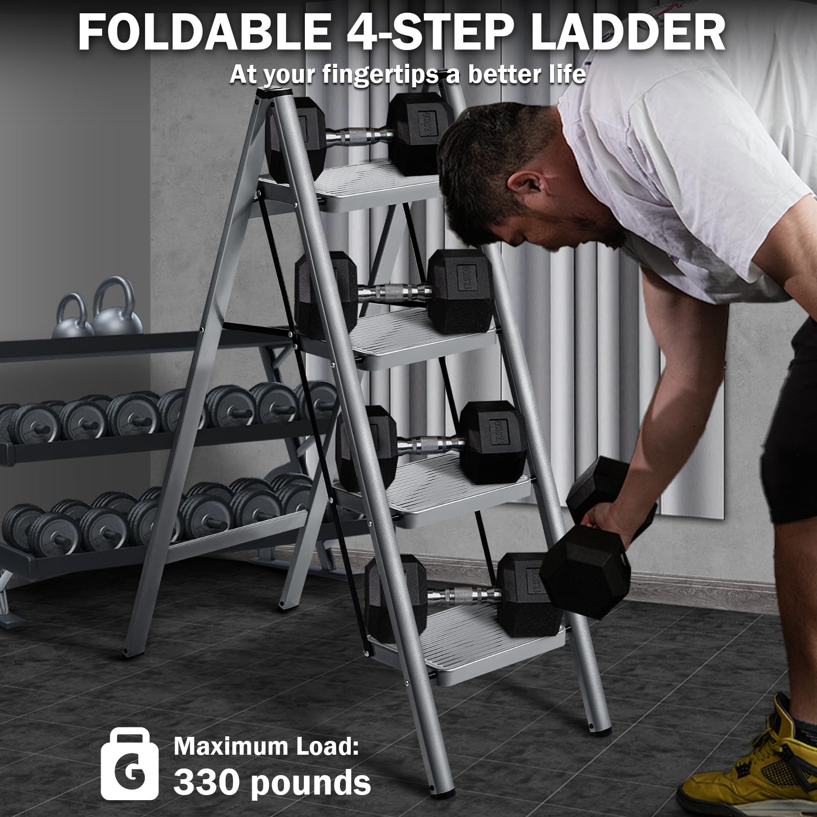 XinSunho 4 Step Ladder, Folding Stool with Anti-Slip Wide 4-Step, Gray