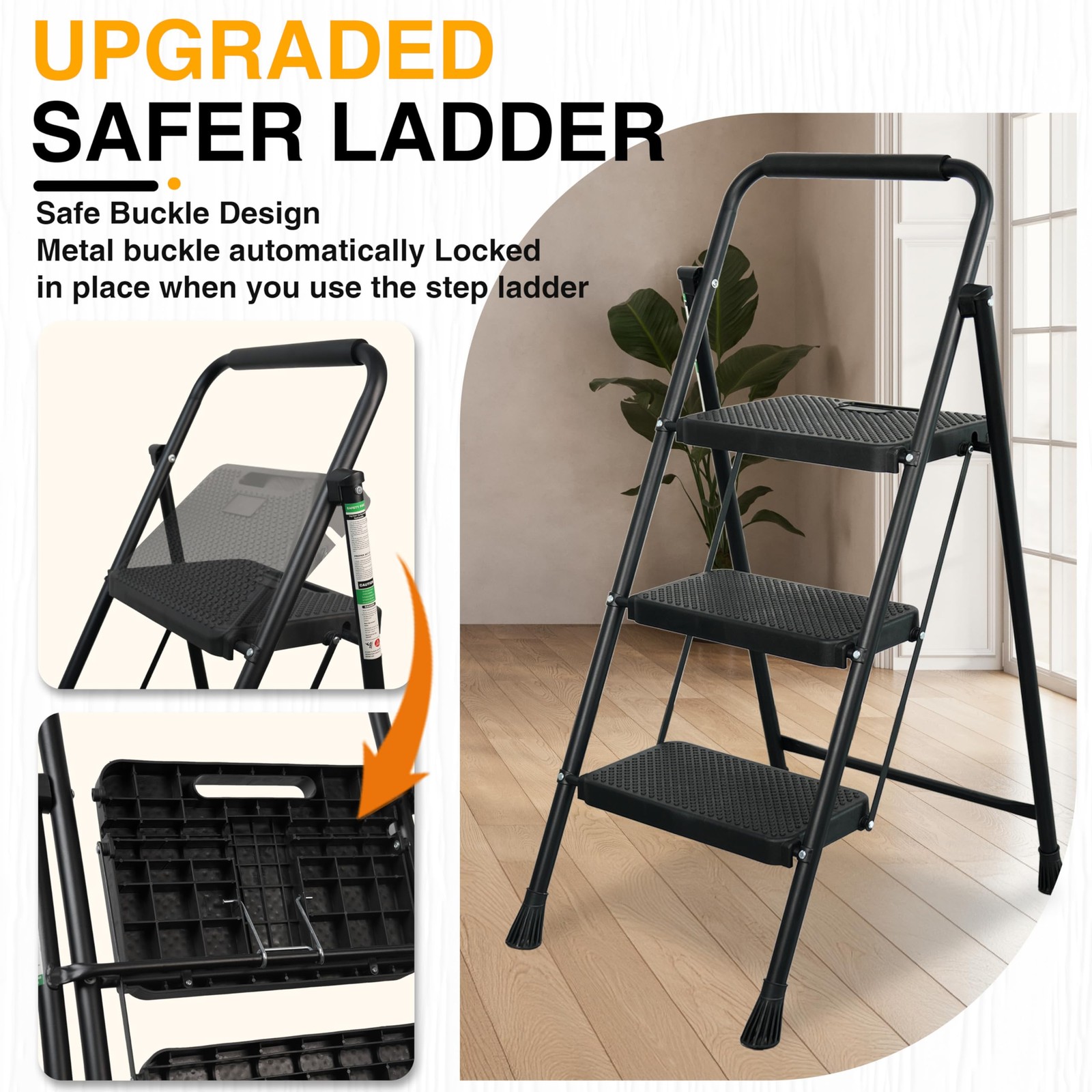Step Ladder, Portable Steel Folding Stool with Wide 3-Step, Black