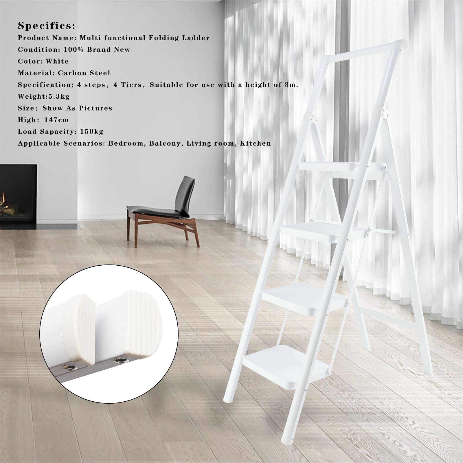 4 Step Ladder, Foldable Step Stools for Adults Anti-Slip Pedal, Lightweight.