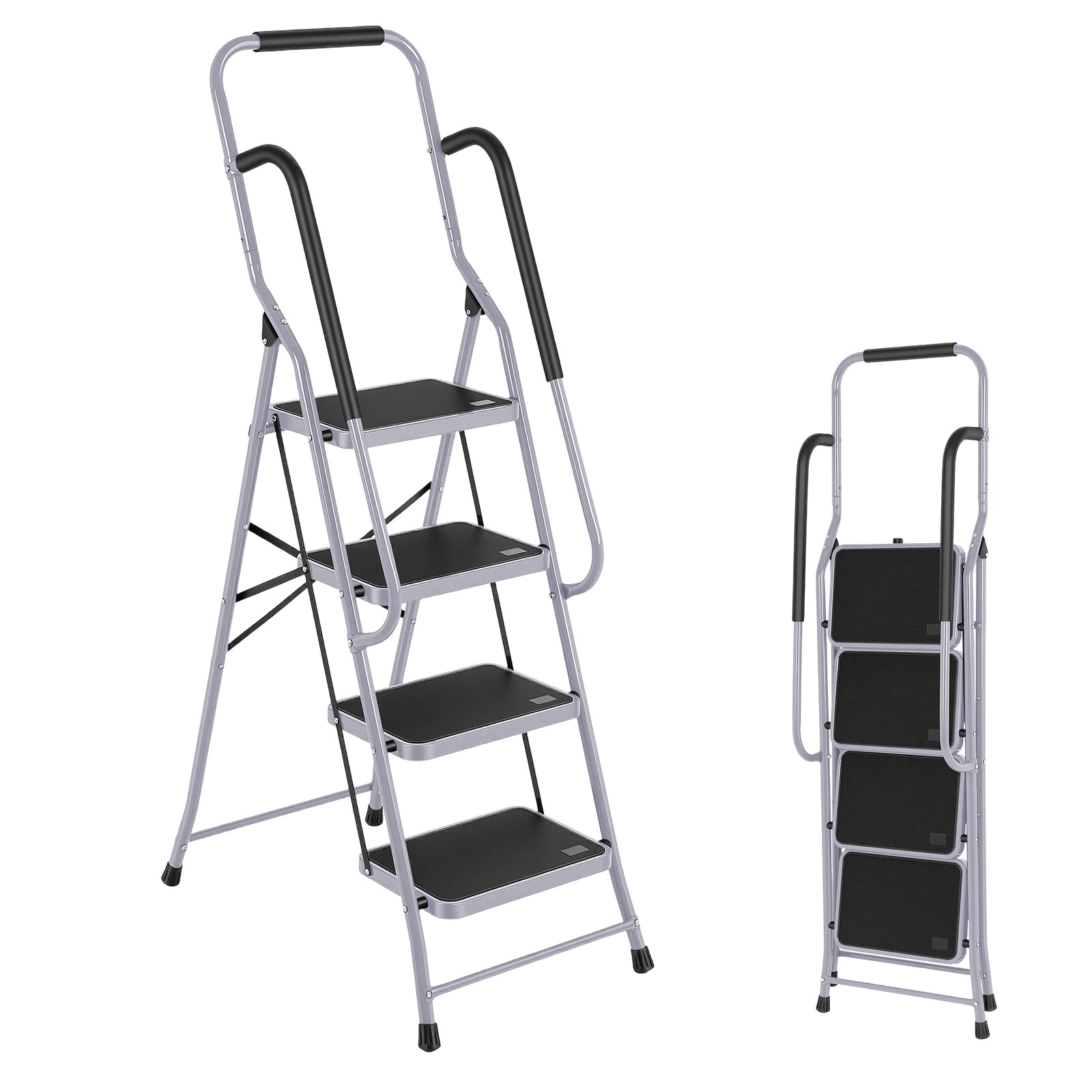 4 Step Ladder with Handrails, Portable Folding Step Stool with Safety Lock，Gray