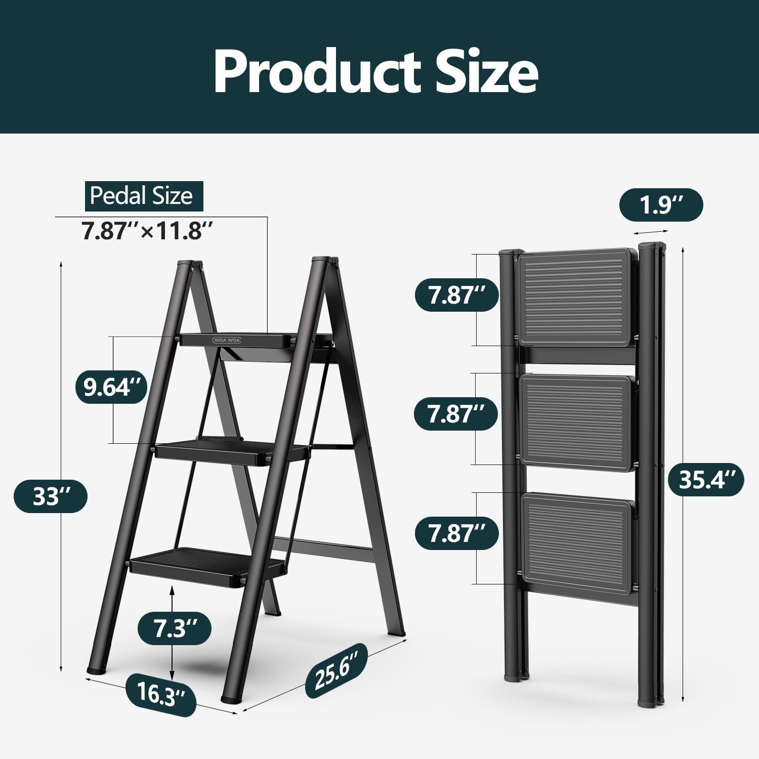 WOA Step Ladder for Home, Foldable Stool Kitchen 3 Step, Black