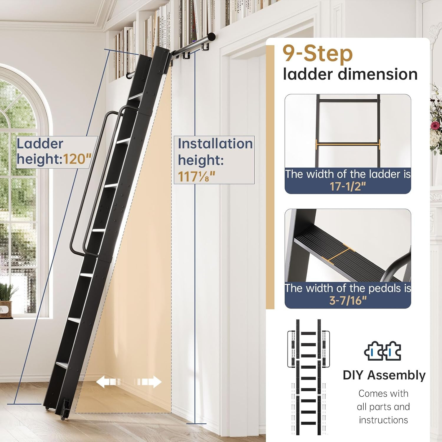 10FT Aluminum Library Ladder with 12FT Hardware Kit, 450Lbs Capacity, Black