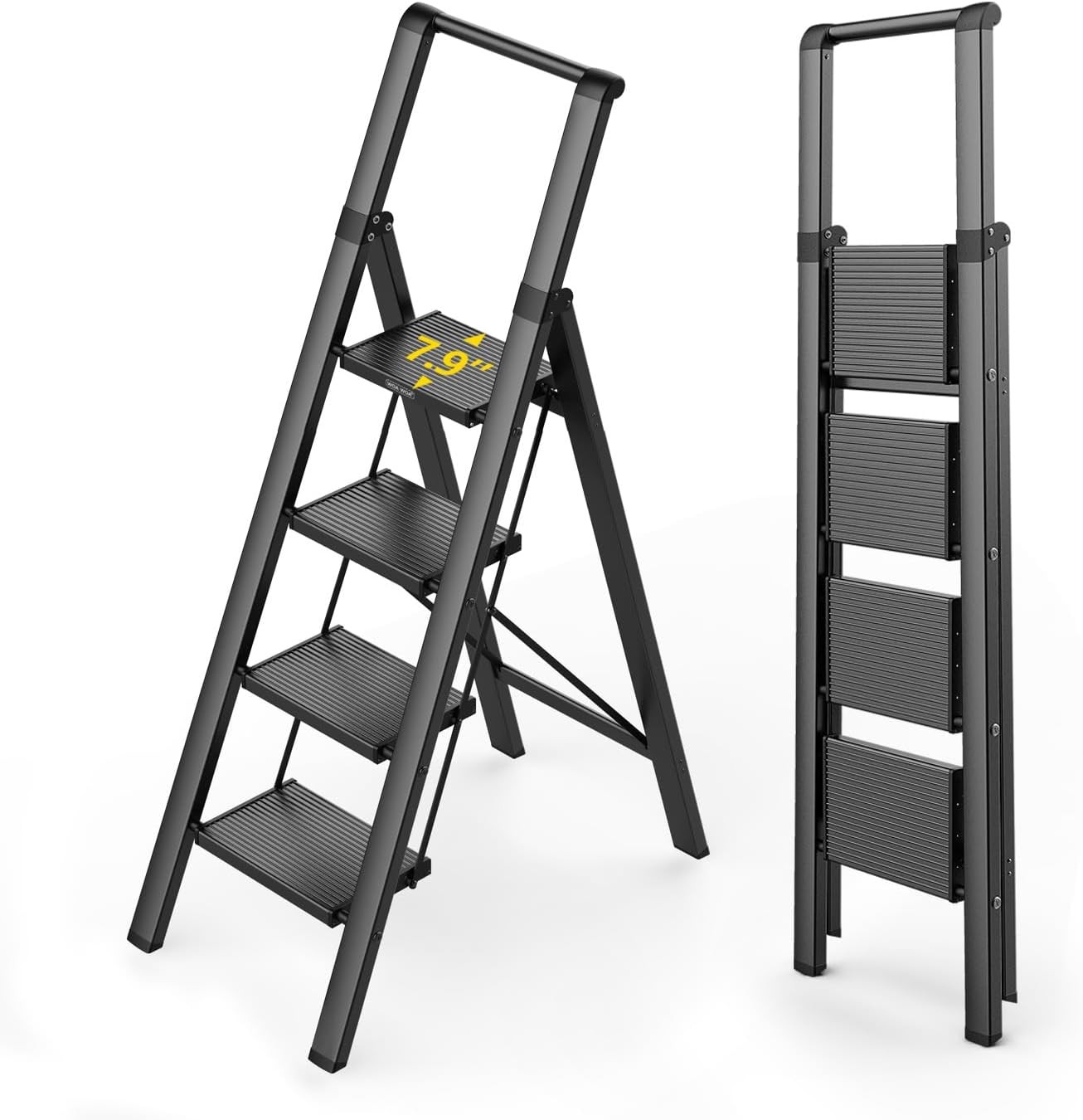 WOA 4 Step Ladder for 10 Feet High Ceiling, Lightweight 4 Step, Black
