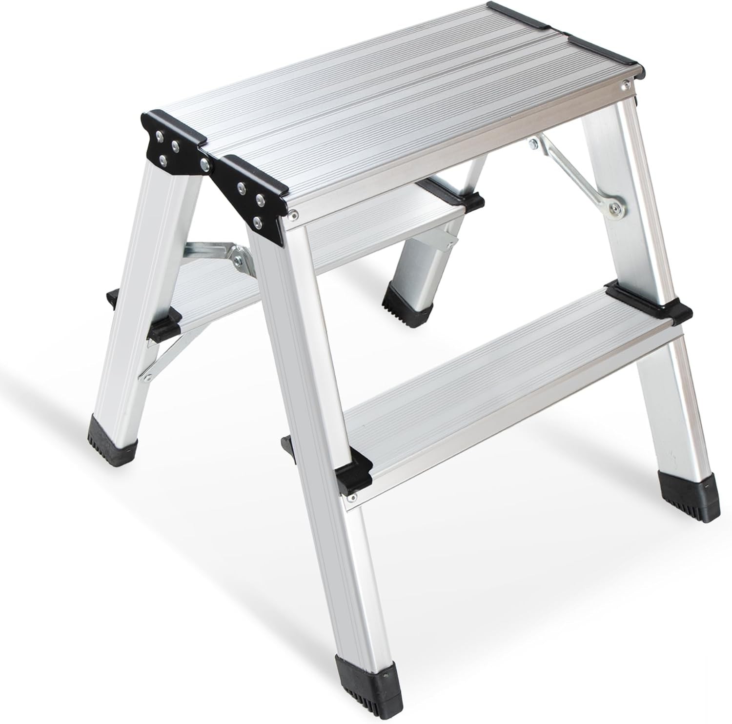 2 Step Ladder, Aluminum Folding Portable Small Kitchen Silver