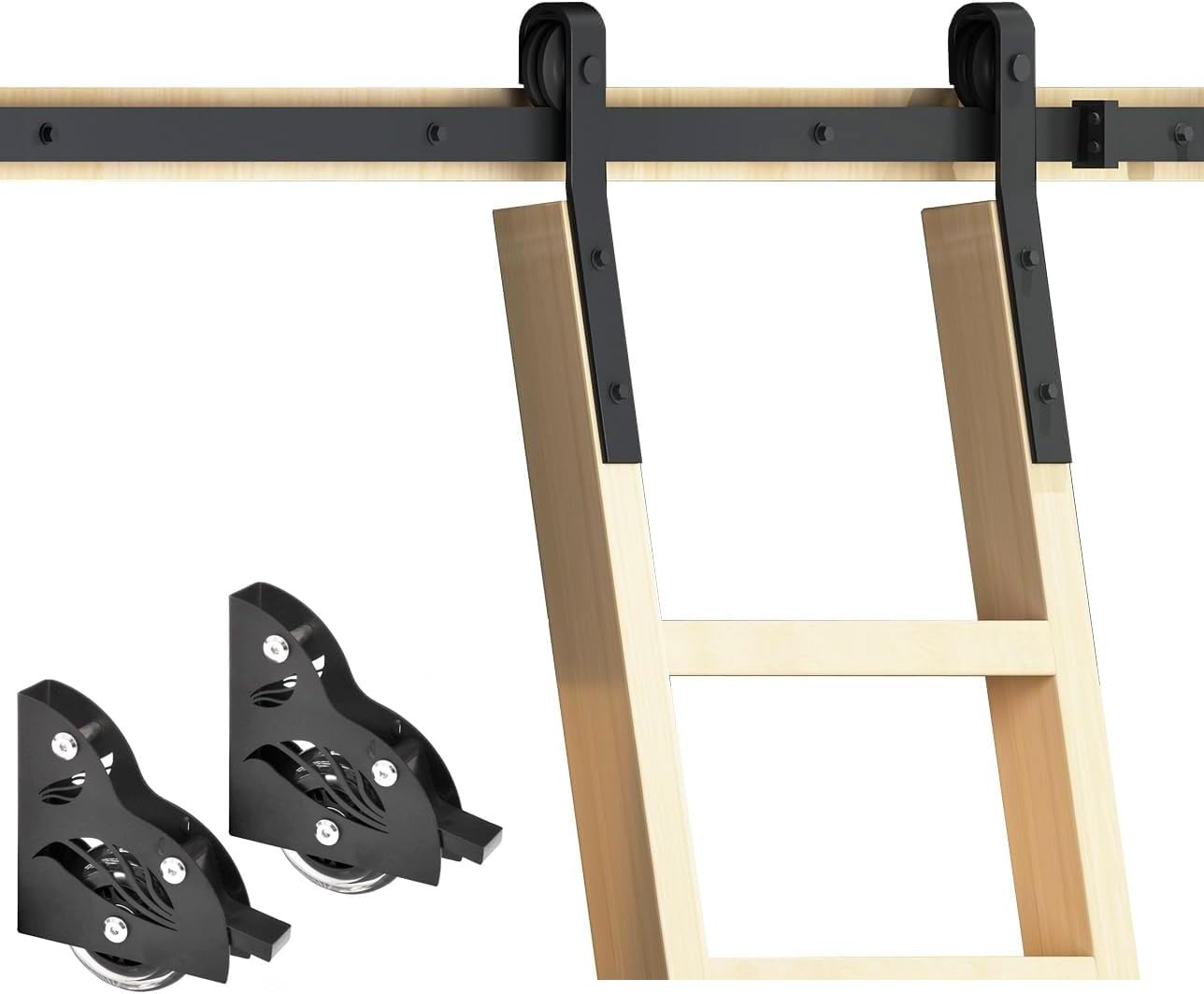 12FT Home Office Sliding Library Ladder Hardware,Barn Style Rustic Black Rolling