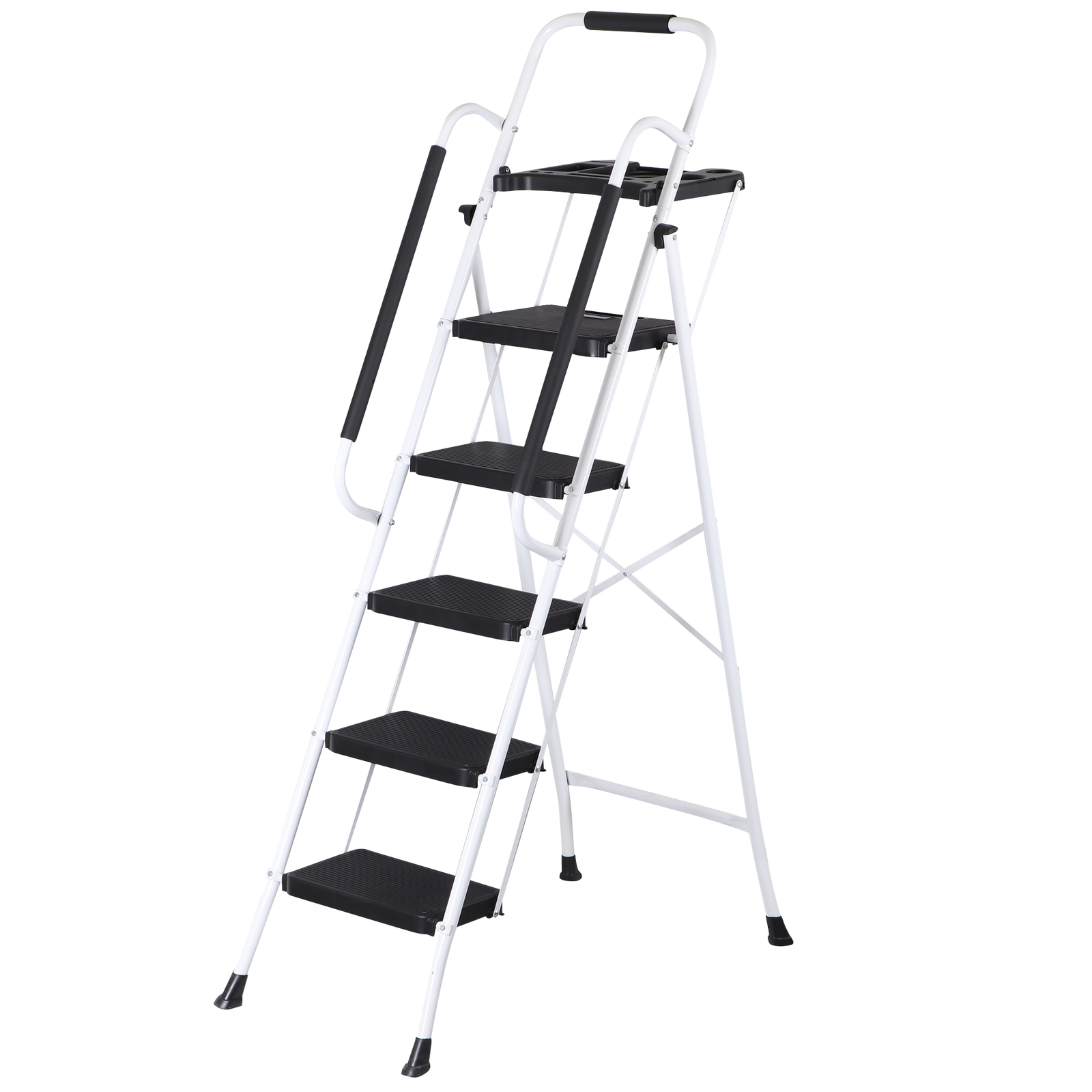 5 Step Ladder Steel Folding Step Stool w/Tool Tray & Handrails White Step Ladder