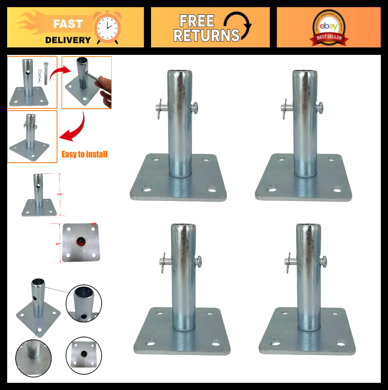 4 PCS Galvanized Scaffold Base Plates with Pins for Baker Scaffolding – 1.375″ S