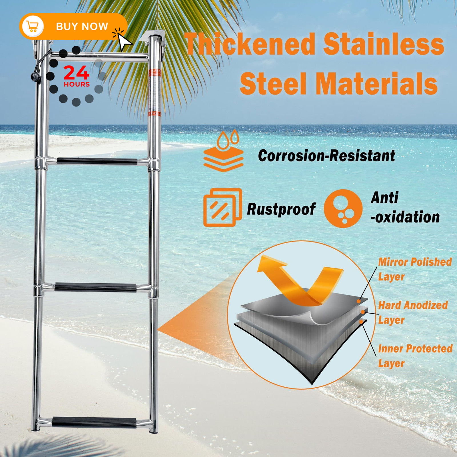 XinKunmarine Pontoon Boat Ladder 3 Step Folding, 3 Step, 3-step Standard