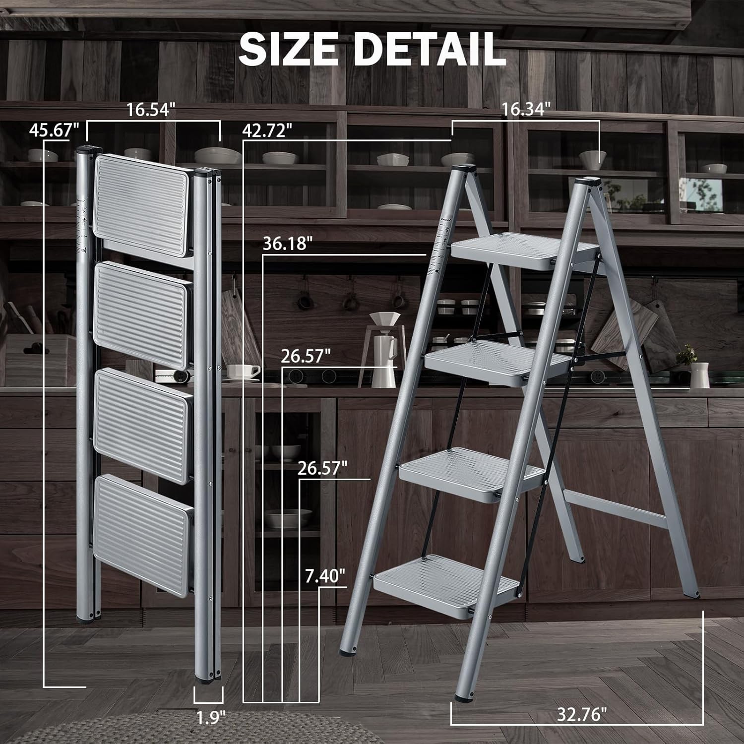 XinSunho 4 Step Ladder, Folding Stool with Anti-Slip Wide 4-Step, Gray