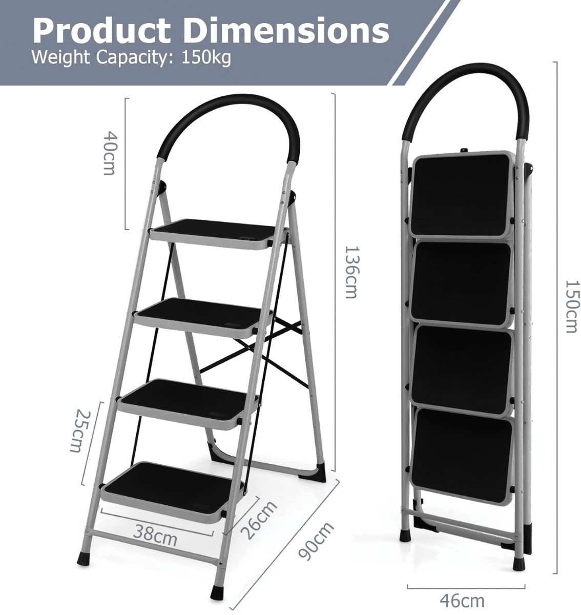 STEPLADDER WITH HANDLE, STEP LADDER WITH 4 STEPS,136cm HIGH, STABLE AND RU…