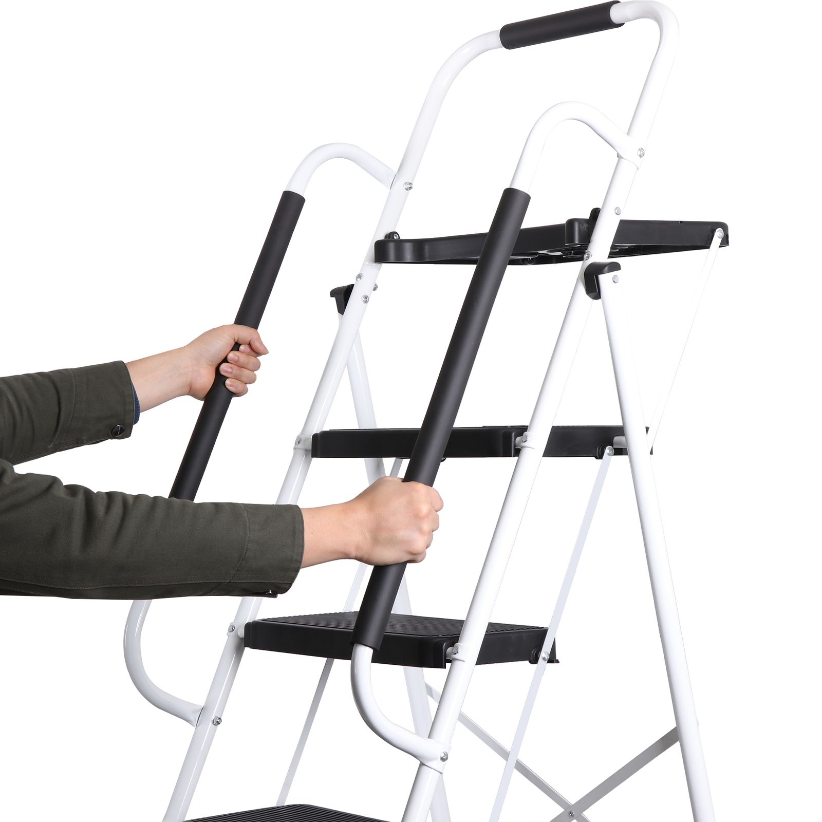 5 Step Ladder Steel Folding Step Stool w/Tool Tray & Handrails White Step Ladder