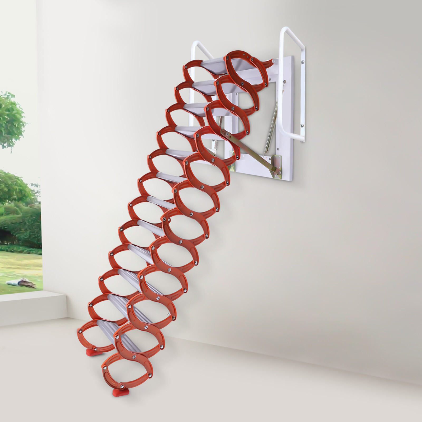 Orange 10.17ft Attic Ladder 12 Steps Loft Stairs Wall Mounted Folding Ladder USA