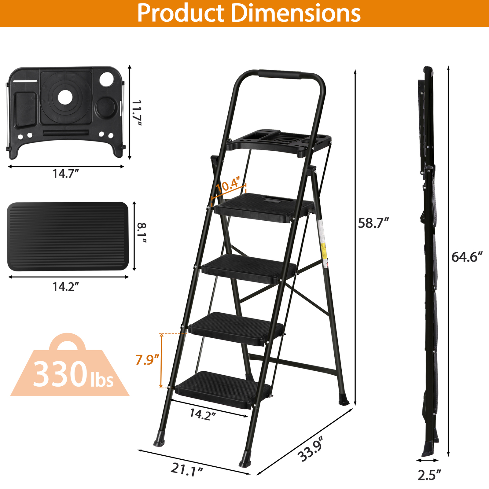 Folding Step Ladders for Kitchen/Closet Ladder 4 Step for Adults Non-Slip Black